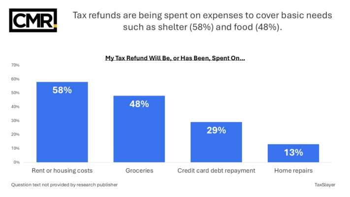 Tax refunds are being spent on expenses to cover basic needs such as shelter (58%) and food (48%).